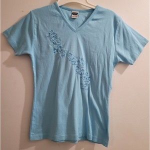 Vintage Rainforest Cafe Souvineer Blue Floral Embroidered Juniors XL T-Shirt